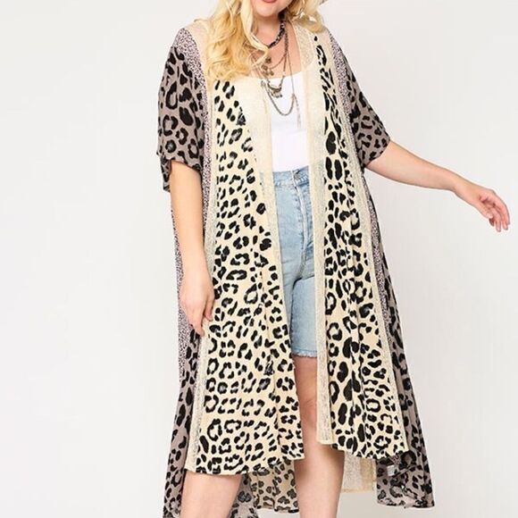 NEW! Gorgeous PLUS Animal Print and Lace Sheer Long Kimono Duster Kaftan Boho - Picture 1 of 6